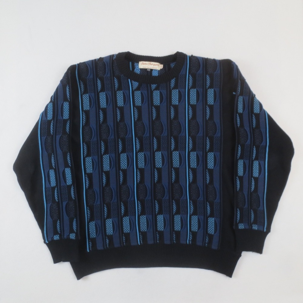 Vintage Norm Thompson Sweater‎ Mens Large Black Blue 3D Knit Textured Pullover